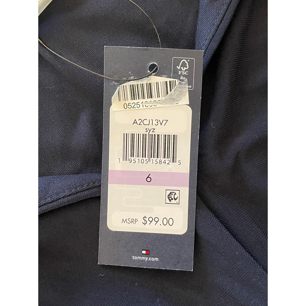 NWT Tommy Hilfiger Dress Sz 6 Collared TwistFront Midi Formal Black Navy Stretch - Picture 4 of 9